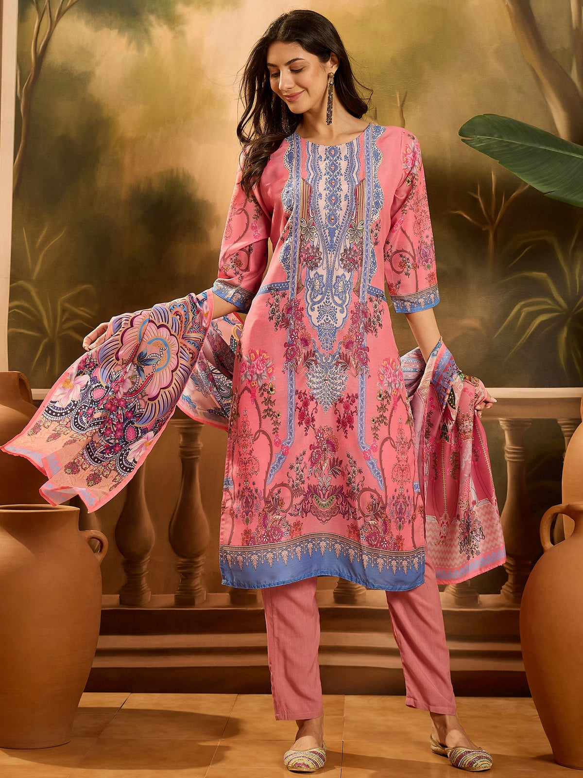 Stylum Women's Pink Printed Muslin Straight Pakistani Kurta Pant Dupatta Set (KPDPINKPATNA)