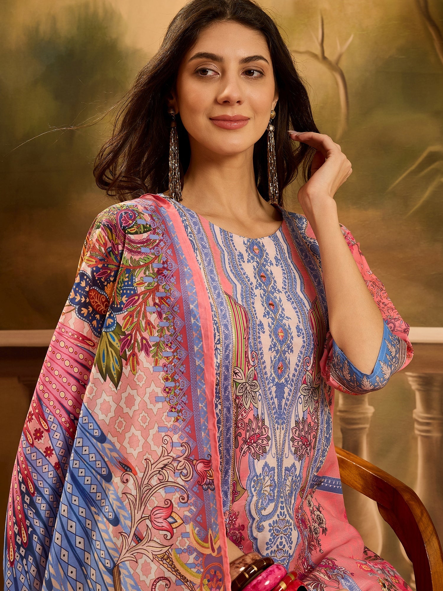 Women's Pink Printed Muslin Straight Pakistani Kurta Pant Dupatta Set 