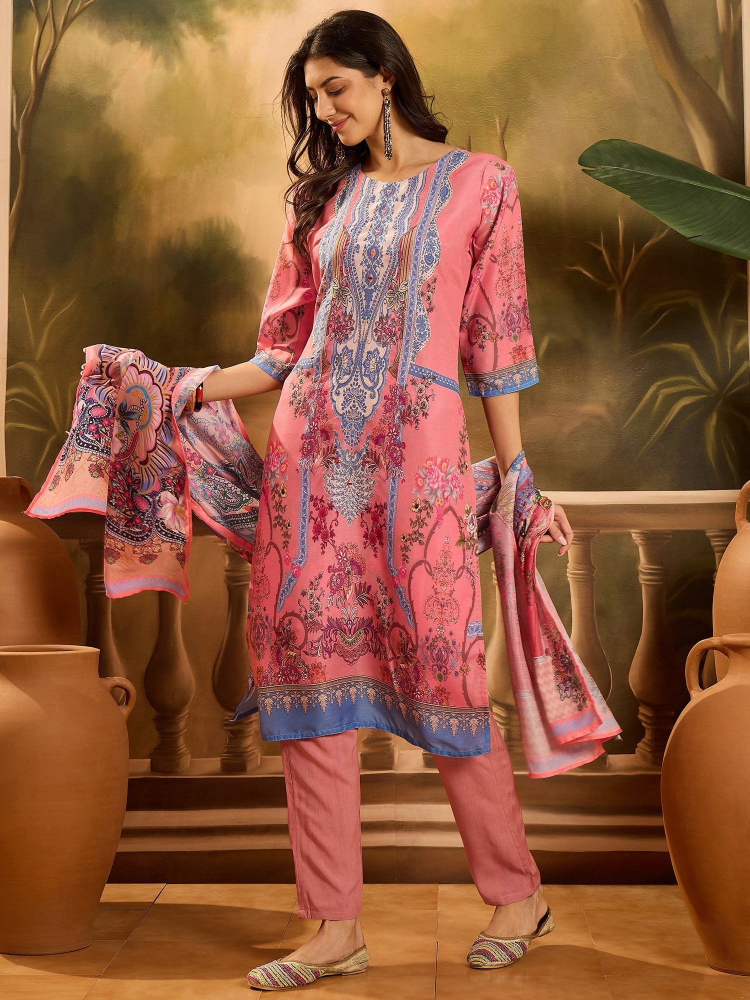 Women's Pink Printed Muslin Straight Pakistani Kurta Pant Dupatta Set 