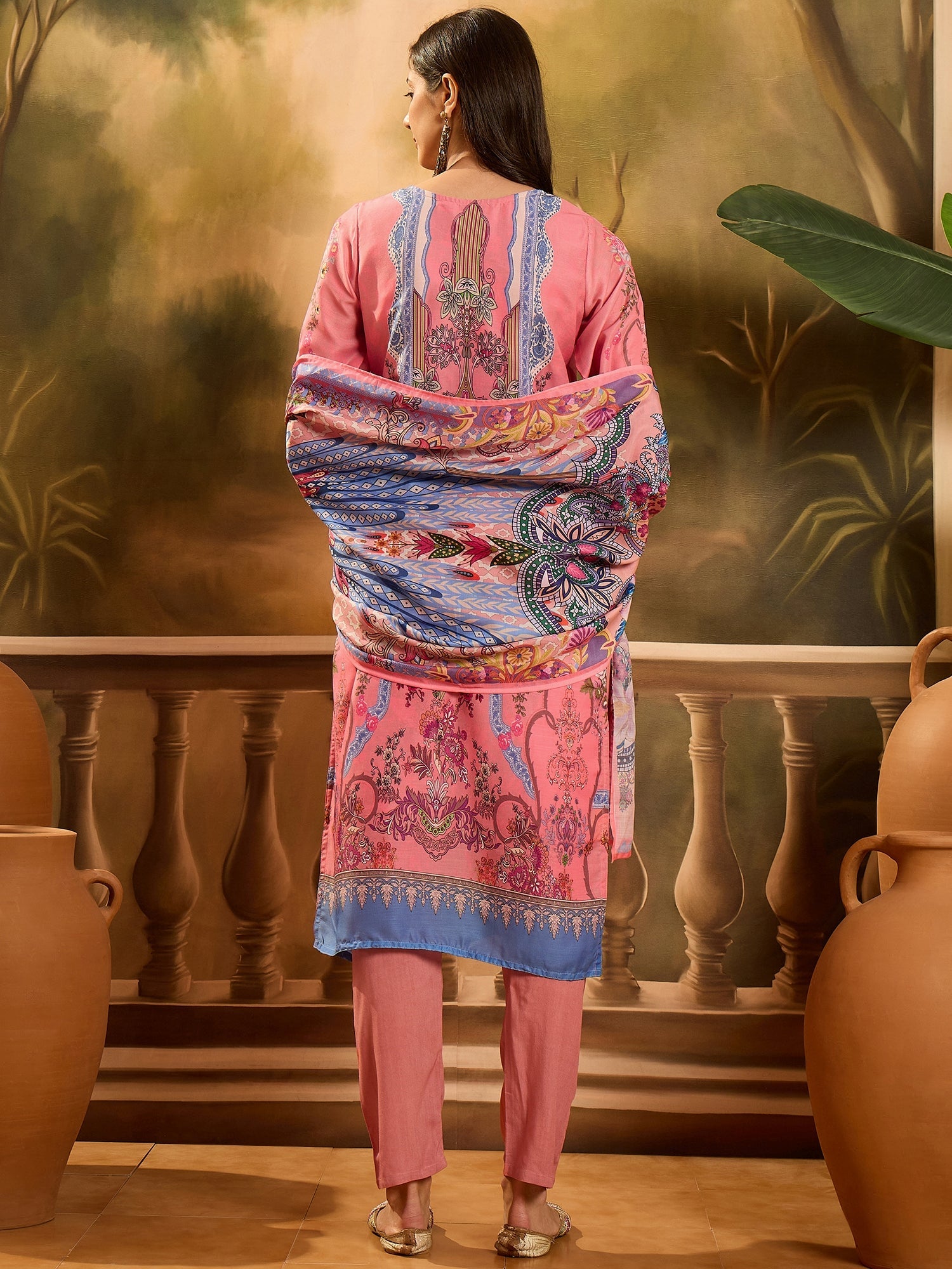 Women's Pink Printed Muslin Straight Pakistani Kurta Pant Dupatta Set 