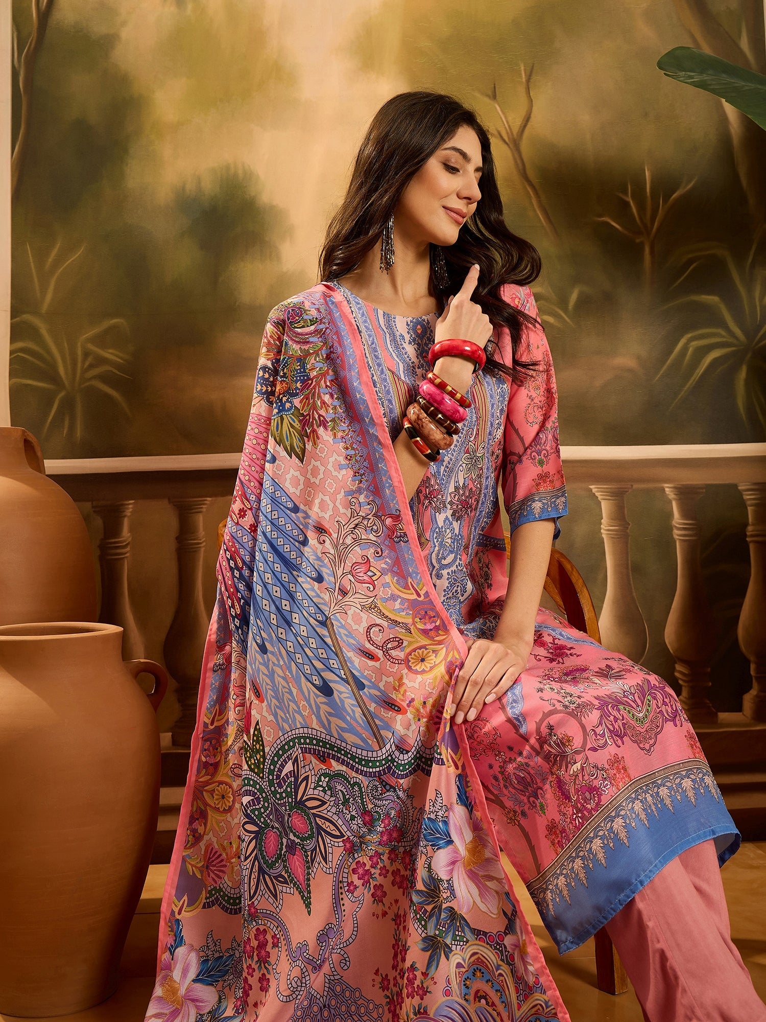 Women's Pink Printed Muslin Straight Pakistani Kurta Pant Dupatta Set 