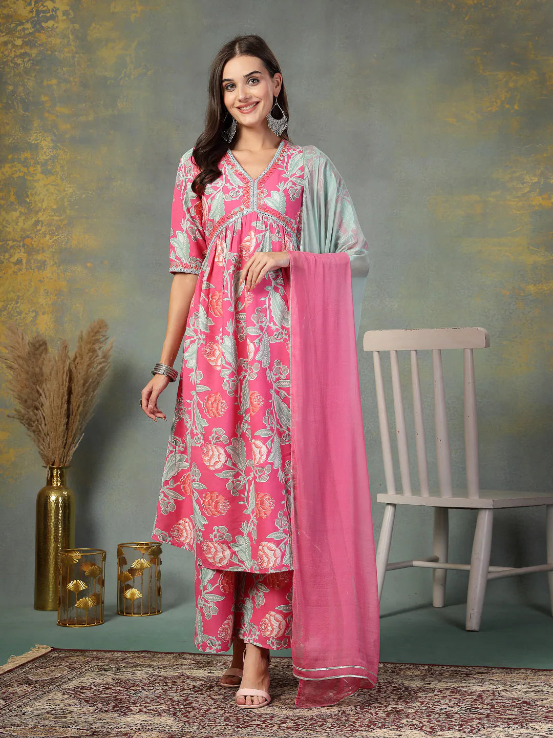 Pink Floral Kurta Set with Dupatta | Women's Designer Kurta Sets