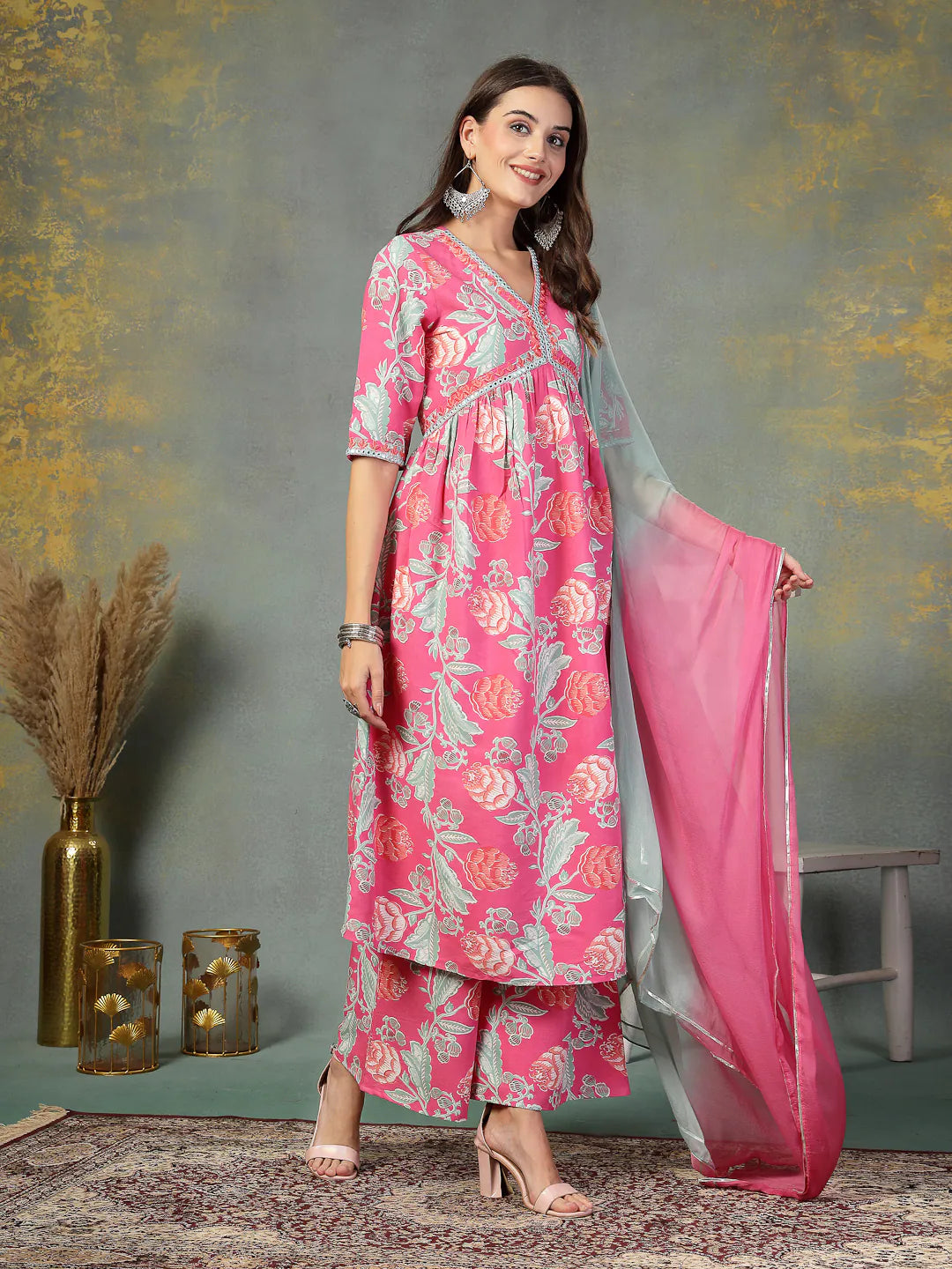 Pink Floral Kurta Set with Dupatta | Women's Designer Kurta Sets