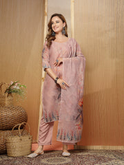 Stylum Women's Pink Floral Printed Chanderi Silk Straight Kurta Pant Dupatta Set (KPDPINKTORIL)