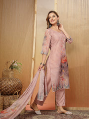 Stylum Women's Pink Floral Printed Chanderi Silk Straight Kurta Pant Dupatta Set (KPDPINKTORIL)