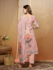 Stylum Women's Pink Floral Printed Chanderi Silk Straight Kurta Pant Dupatta Set (KPDPINKTORIL)