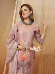 Stylum Women's Pink Floral Printed Chanderi Silk Straight Kurta Pant Dupatta Set (KPDPINKTORIL)
