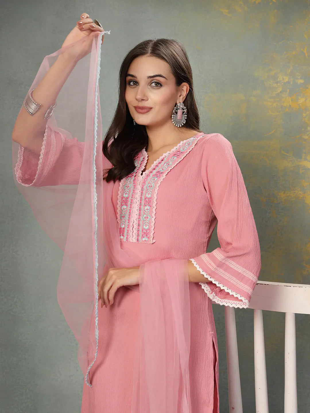 Pink Embroidered Kurta Pant Dupatta Set - Indian Kurta Sets