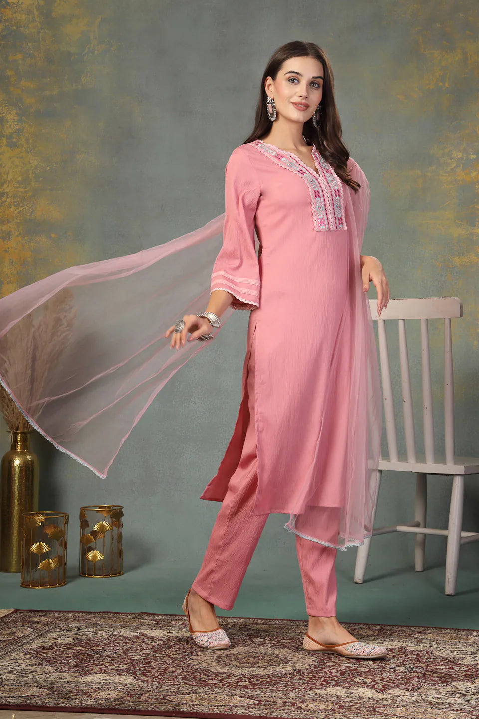 Pink Embroidered Kurta Pant Dupatta Set - Indian Kurta Sets