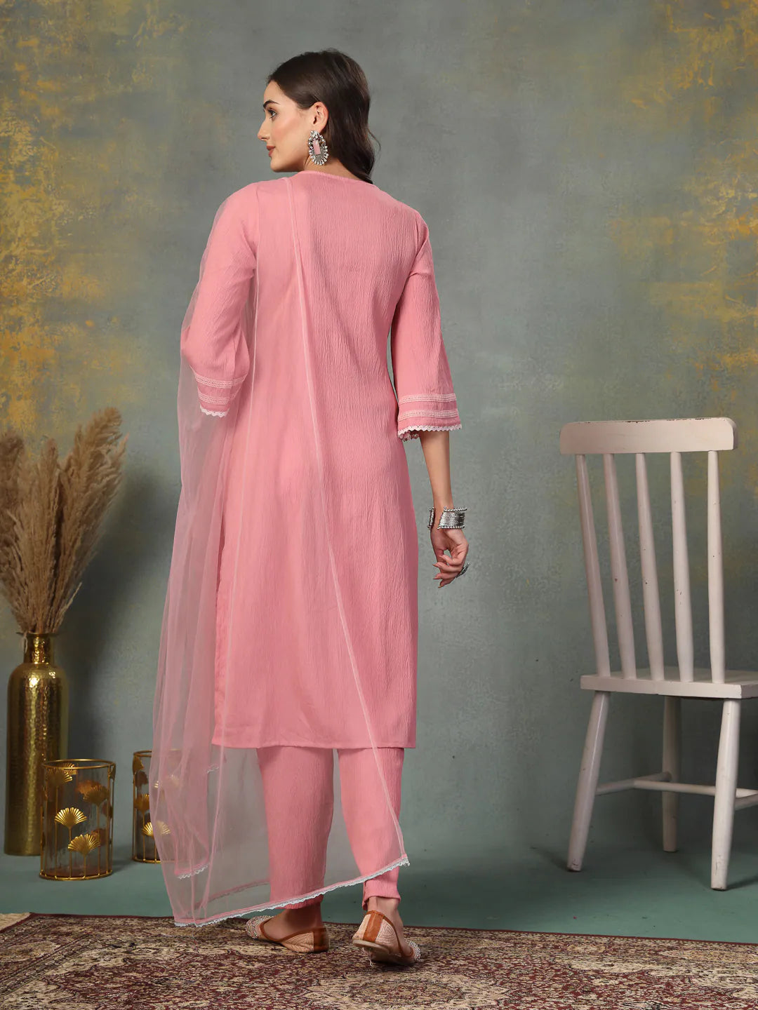 Pink Embroidered Kurta Pant Dupatta Set - Indian Kurta Sets