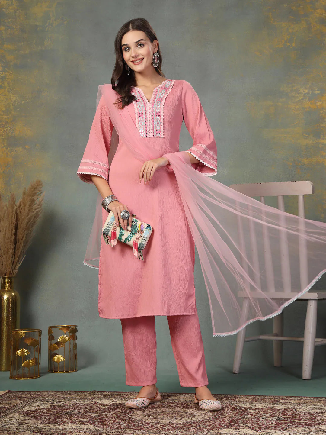 Pink Embroidered Kurta Pant Dupatta Set - Indian Kurta Sets