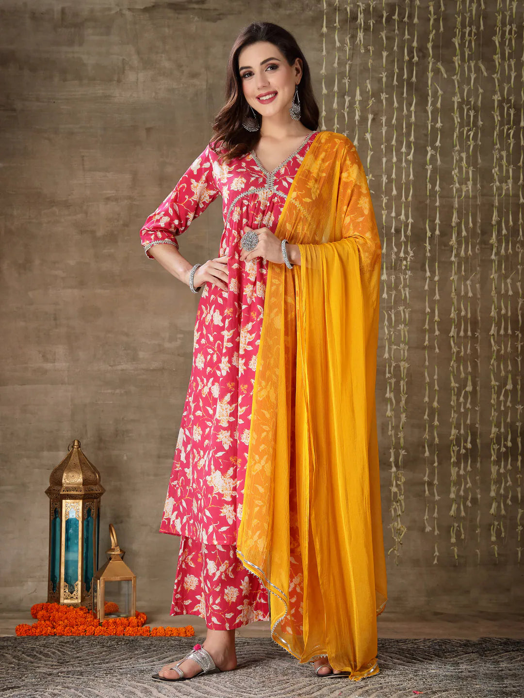 Floral Print Kurta Palazzo Set - Cotton Pink Zayla for Women