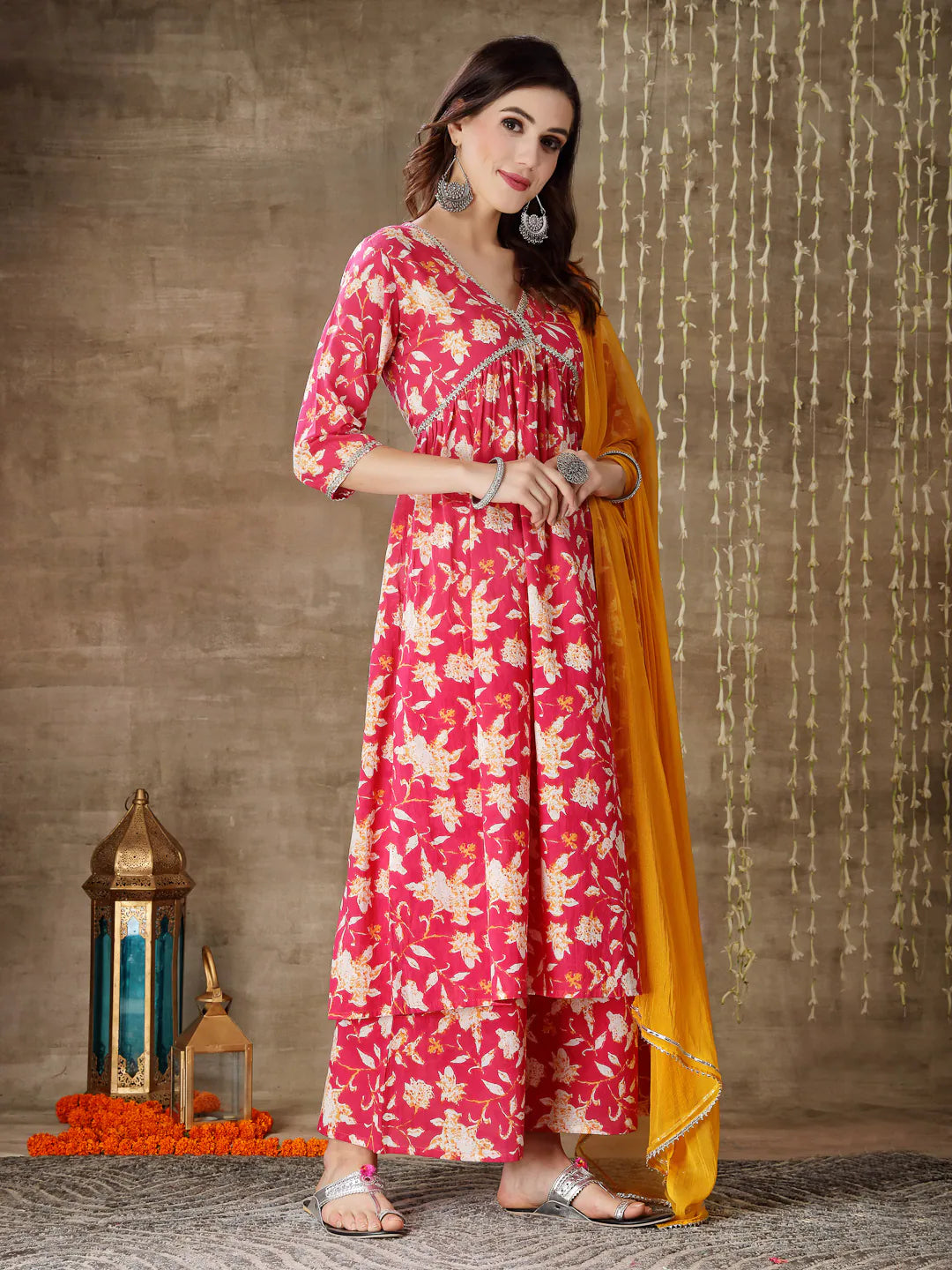 Floral Print Kurta Palazzo Set - Cotton Pink Zayla for Women