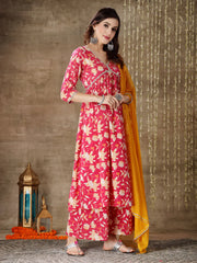 Women's Floral Printed Cotton Pleated Kurta Palazzo Dupatta Set-KPDPINKZAYLA