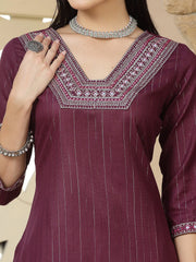 Women's Purple Woven Design & Embroidered Cotton Blend Lurex Straight Kurta Pant Dupatta Set-KPDPURPLECHAKOR