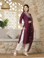 Women's Purple Woven Design & Embroidered Cotton Blend Lurex Straight Kurta Pant Dupatta Set-KPDPURPLECHAKOR