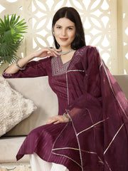 Women's Purple Woven Design & Embroidered Cotton Blend Lurex Straight Kurta Pant Dupatta Set-KPDPURPLECHAKOR
