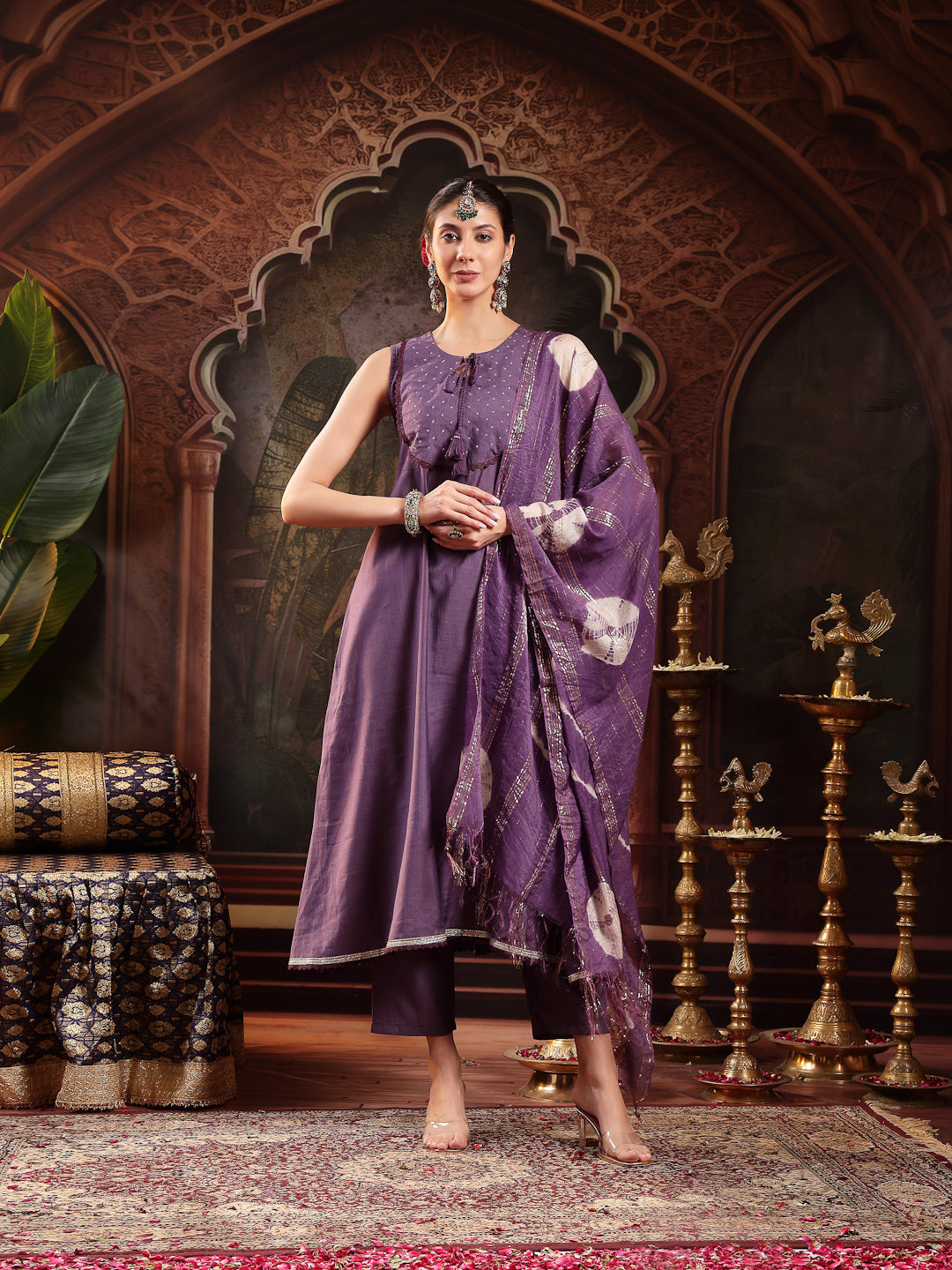 Women's Purple Solid & Embroidered Silk Blend A-Line Kurta Pant Dupatt