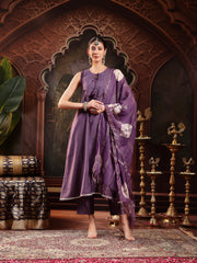 Stylum Women's Purple Solid & Embroidered Silk Blend A-Line Kurta Pant Dupatta Set (KPDPURPLEFABLE)