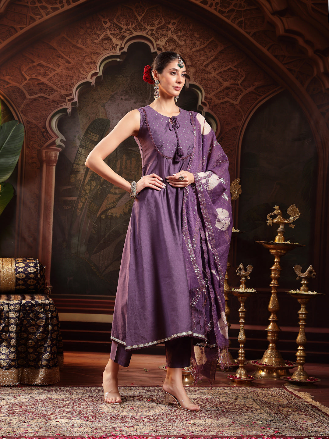 Women's Purple Solid & Embroidered Silk Blend A-Line Kurta Pant Dupatt