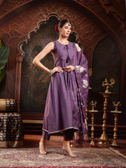 Stylum Women's Purple Solid & Embroidered Silk Blend A-Line Kurta Pant Dupatta Set (KPDPURPLEFABLE)