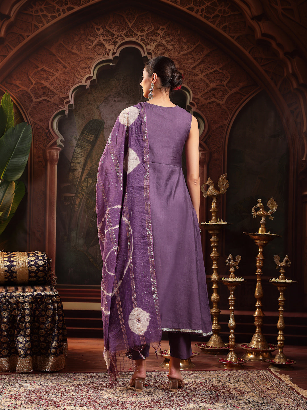 Women's Purple Solid & Embroidered Silk Blend A-Line Kurta Pant Dupatt