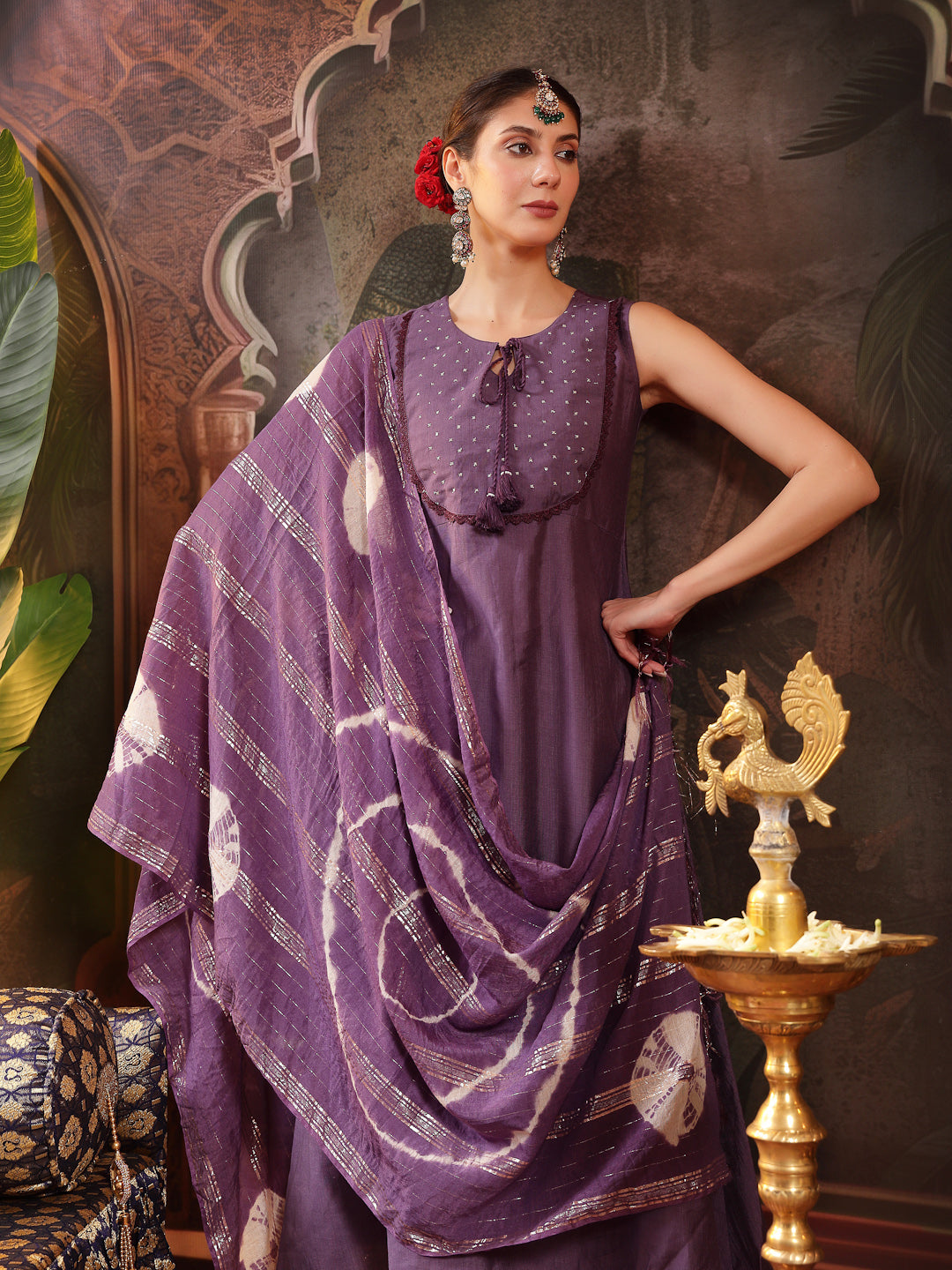 Women's Purple Solid & Embroidered Silk Blend A-Line Kurta Pant Dupatt