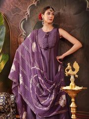 Stylum Women's Purple Solid & Embroidered Silk Blend A-Line Kurta Pant Dupatta Set (KPDPURPLEFABLE)