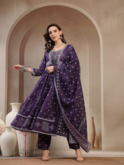 Stylum Women's Purple Ethnic Printed Cotton Blend Anarkali Kurta Pant Dupatta Set (KPDPURPLEKOSAR)