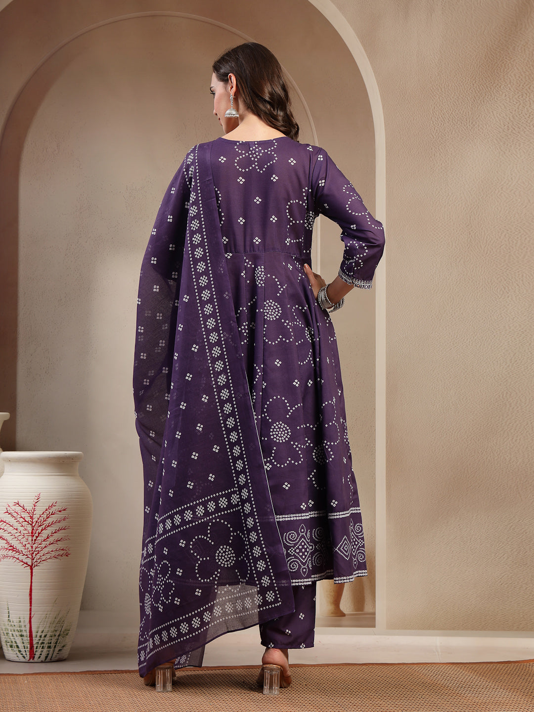 Stylum Women's Purple Ethnic Printed Cotton Blend Anarkali Kurta Pant Dupatta Set (KPDPURPLEKOSAR)