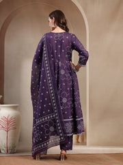 Stylum Women's Purple Ethnic Printed Cotton Blend Anarkali Kurta Pant Dupatta Set (KPDPURPLEKOSAR)