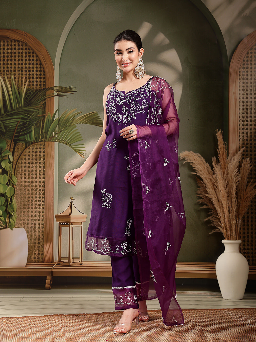 Women's Purple Solid & Embroidered Organza Straight Kurta Pant Dupatta