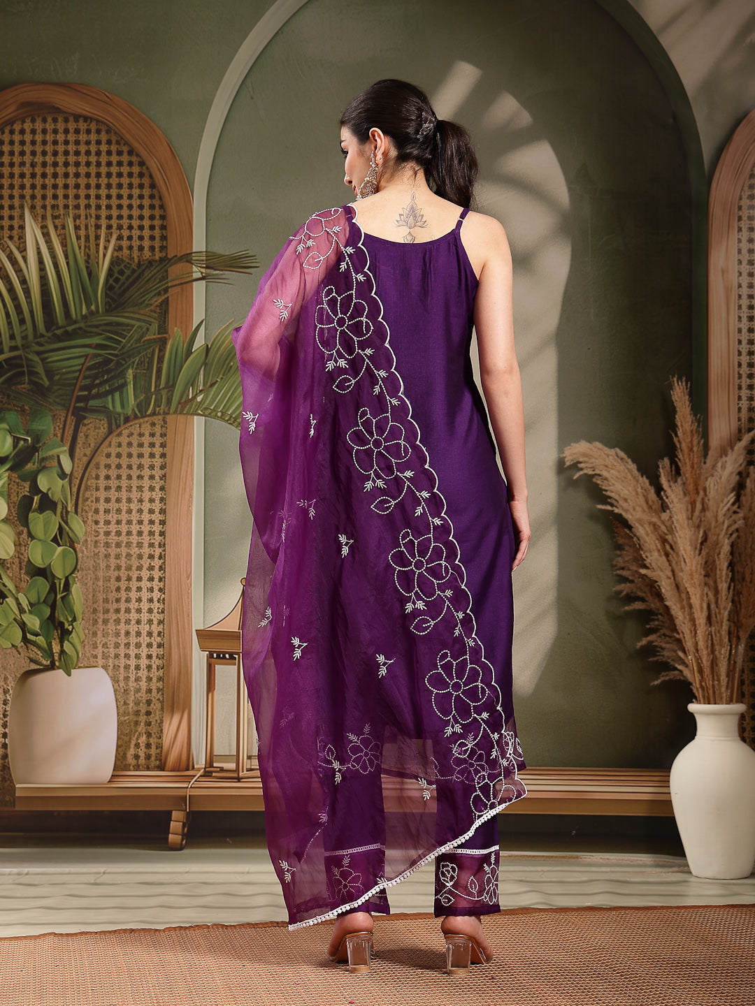 Women's Purple Solid & Embroidered Organza Straight Kurta Pant Dupatta