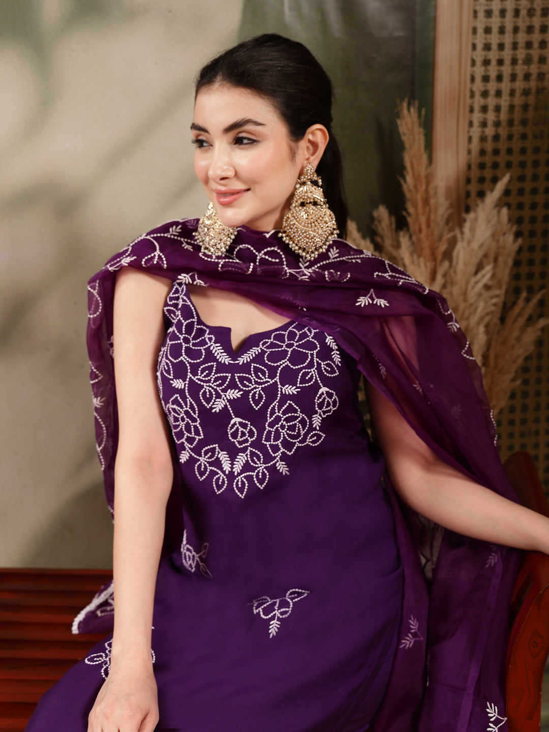 Women's Purple Solid & Embroidered Organza Straight Kurta Pant Dupatta