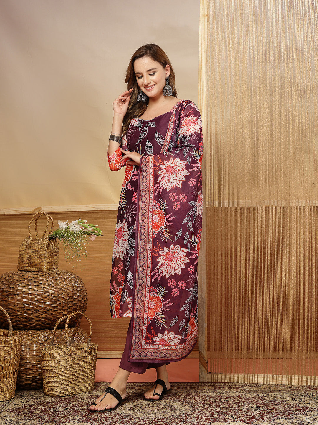 Women's Purple Floral Printed Chanderi Silk Straight Kurta Pant Dupatt