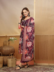Stylum Women's Purple Floral Printed Chanderi Silk Straight Kurta Pant Dupatta Set (KPDPURPLERUHANI)
