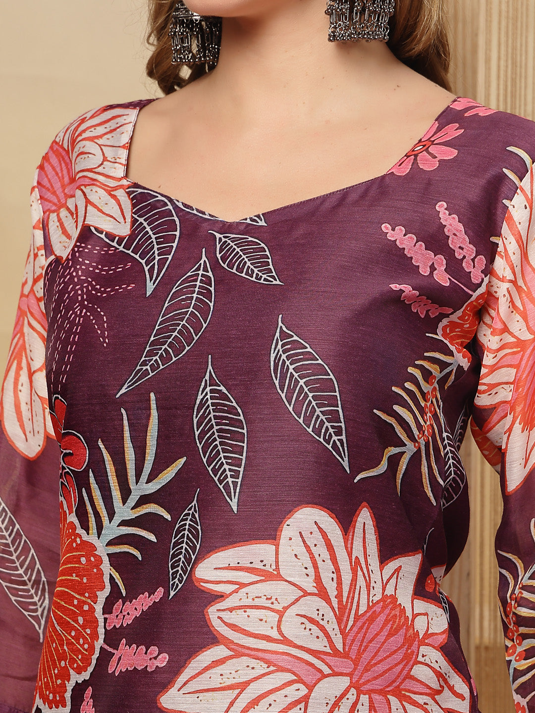 Women's Purple Floral Printed Chanderi Silk Straight Kurta Pant Dupatt