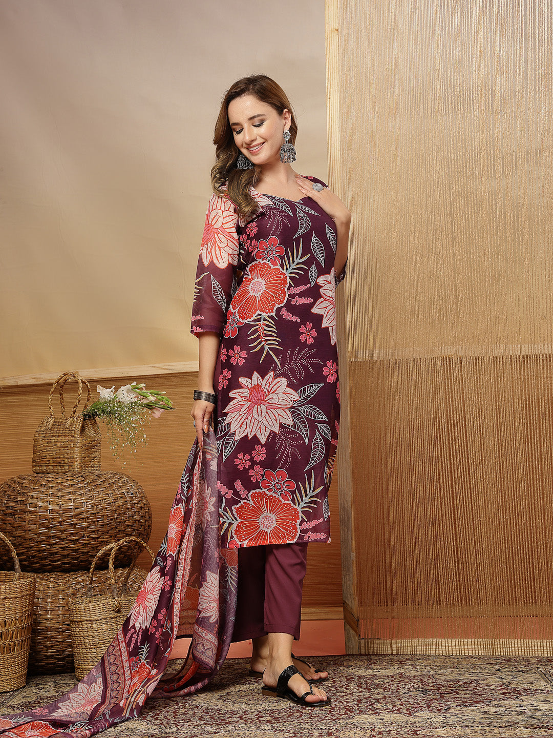 Women's Purple Floral Printed Chanderi Silk Straight Kurta Pant Dupatt