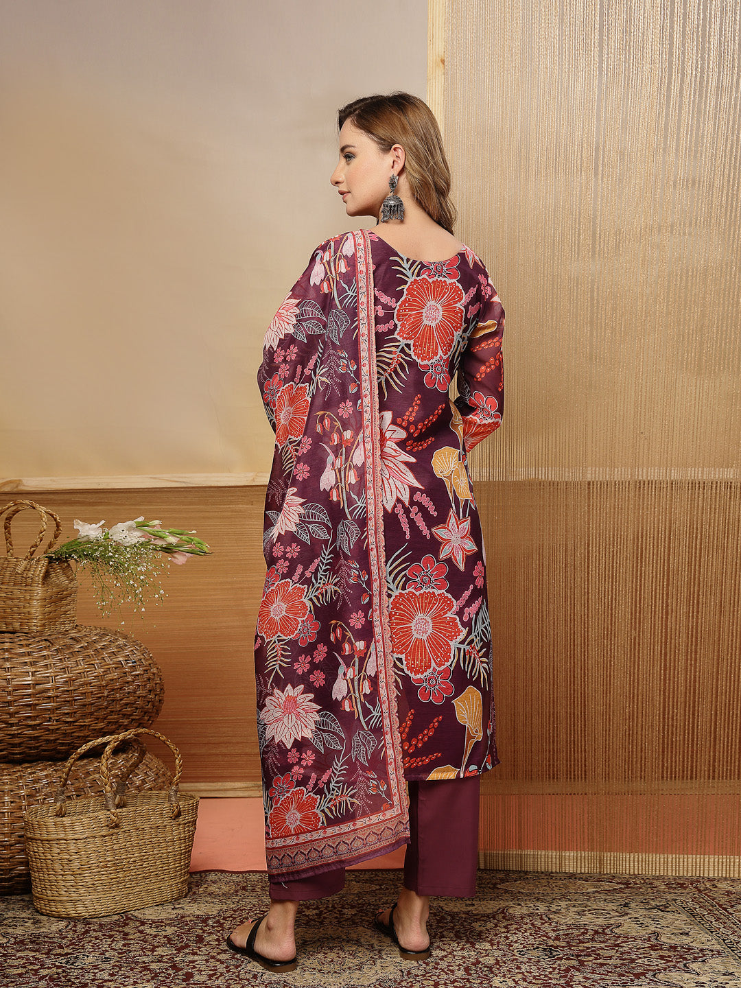 Women's Purple Floral Printed Chanderi Silk Straight Kurta Pant Dupatt
