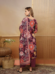 Stylum Women's Purple Floral Printed Chanderi Silk Straight Kurta Pant Dupatta Set (KPDPURPLERUHANI)