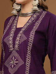 Stylum Women's Purple Bandhej Printed Cotton Straight Kurta Pant Dupatta Set (KPDPURPLESOKER)