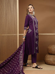 Stylum Women's Purple Bandhej Printed Cotton Straight Kurta Pant Dupatta Set (KPDPURPLESOKER)