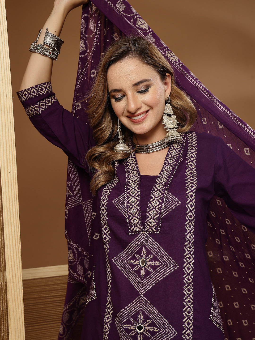 Stylum Women's Purple Bandhej Printed Cotton Straight Kurta Pant Dupatta Set (KPDPURPLESOKER)