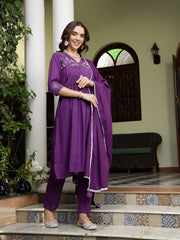 Stylum Women's Purple Solid & Embroidered A-Line Cotton Kurta Pant Dupatta Set (KPDPURPLESUMUR)
