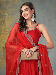 Women's Red Solid Rayon Tiered Kurta Pant Dupatta Set-KPDREDBAR
