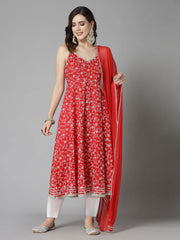 Women's Floral Printed Rayon Anarkali Kurta Pant Dupatta set-KPDREDBLING