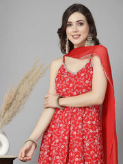 Women's Floral Printed Rayon Anarkali Kurta Pant Dupatta set-KPDREDBLING