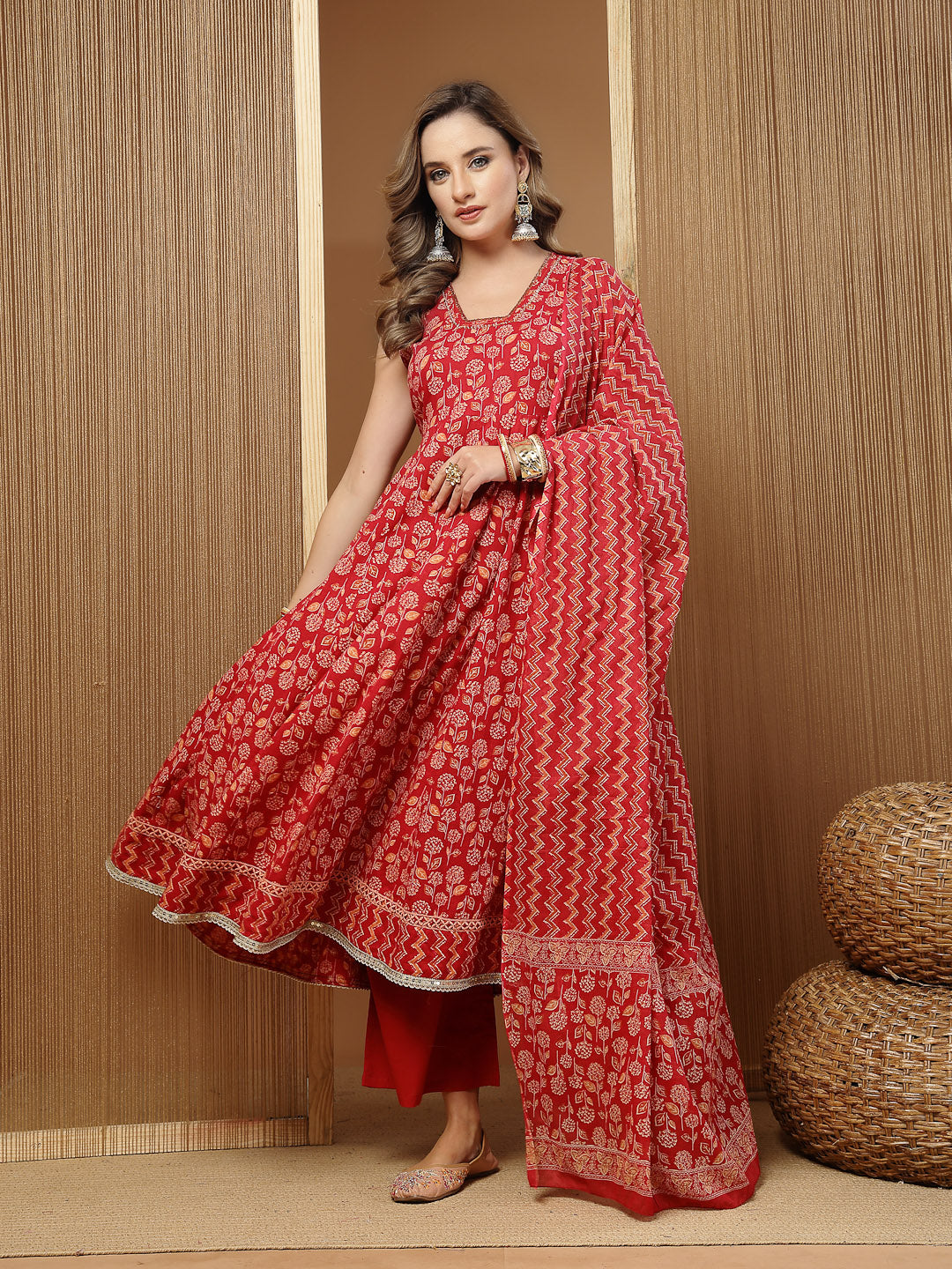 Stylum Women's Floral Printed Cotton Anarkali Kurta Palazzo Dupatta Set (KPDREDDAMAN)