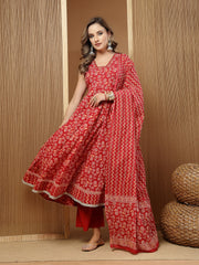 Stylum Women's Floral Printed Cotton Anarkali Kurta Palazzo Dupatta Set (KPDREDDAMAN)