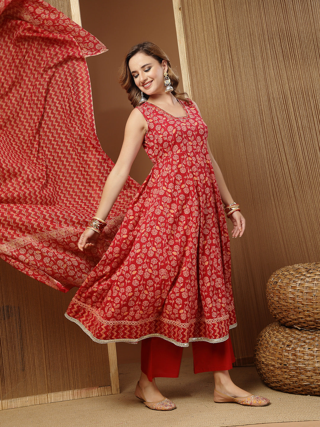 Stylum Women's Floral Printed Cotton Anarkali Kurta Palazzo Dupatta Set (KPDREDDAMAN)